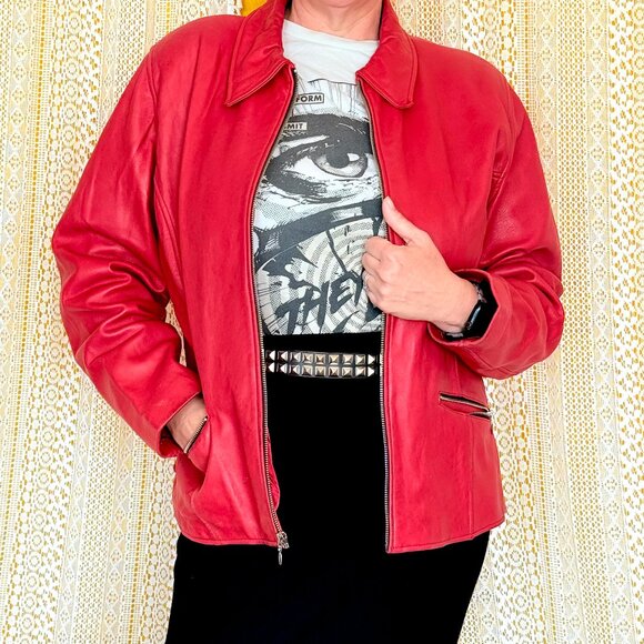 Vintage 90s Y2k Red Genuine Leather Zip Jacket by Jacqueline Ferrar Size XL - Picture 1 of 17